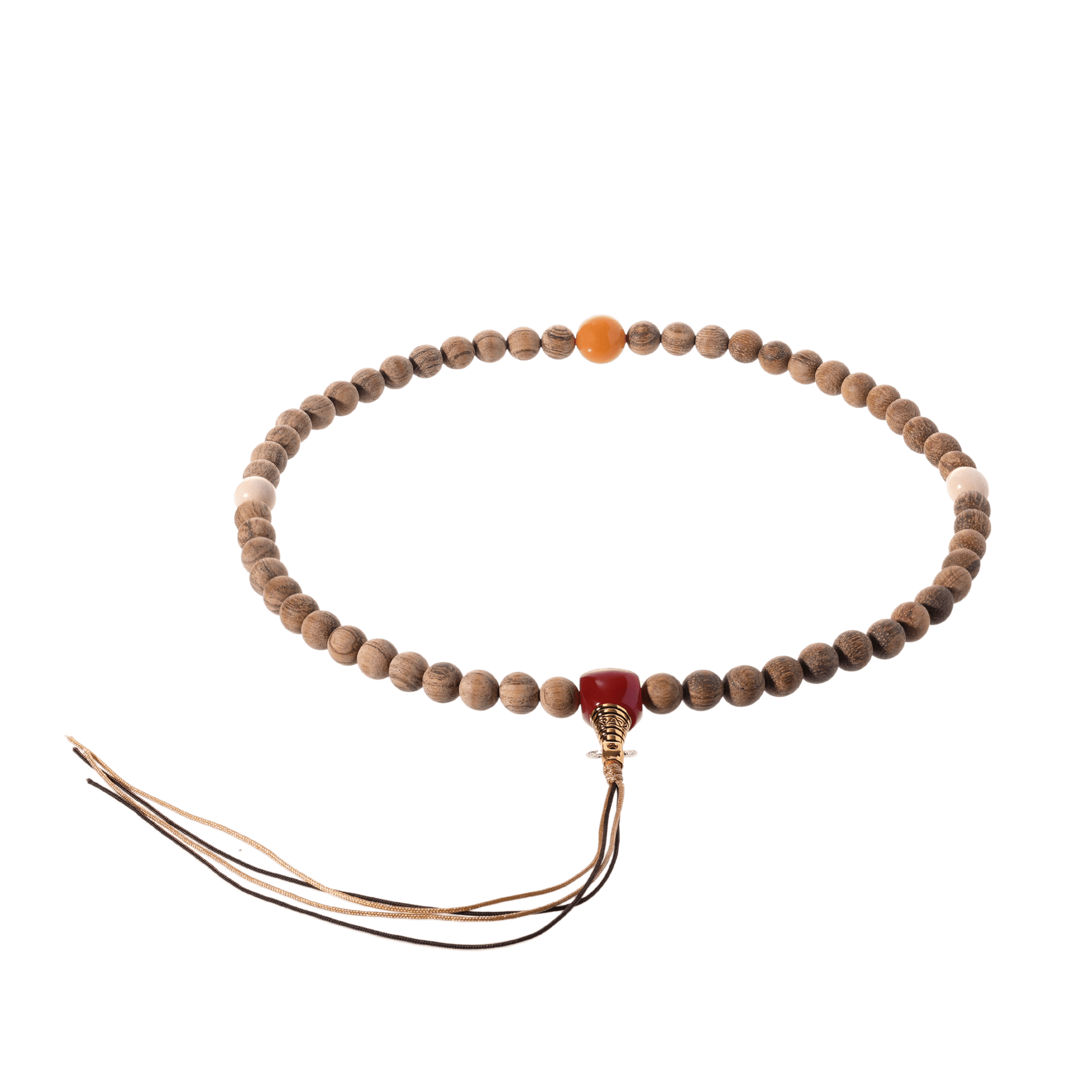 Ancient Stillness – Greywood Mala Necklace with Fossil & Carnelian Accents - Prayer Beads - ZODORI