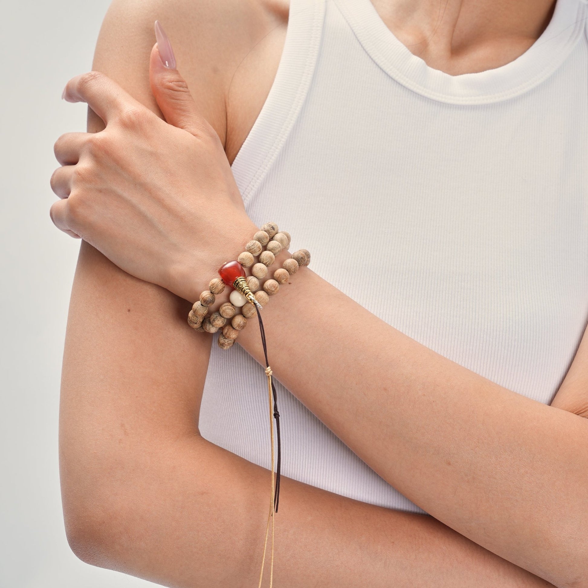 Ancient Stillness – Greywood Mala Necklace with Fossil & Carnelian Accents - Prayer Beads - ZODORI
