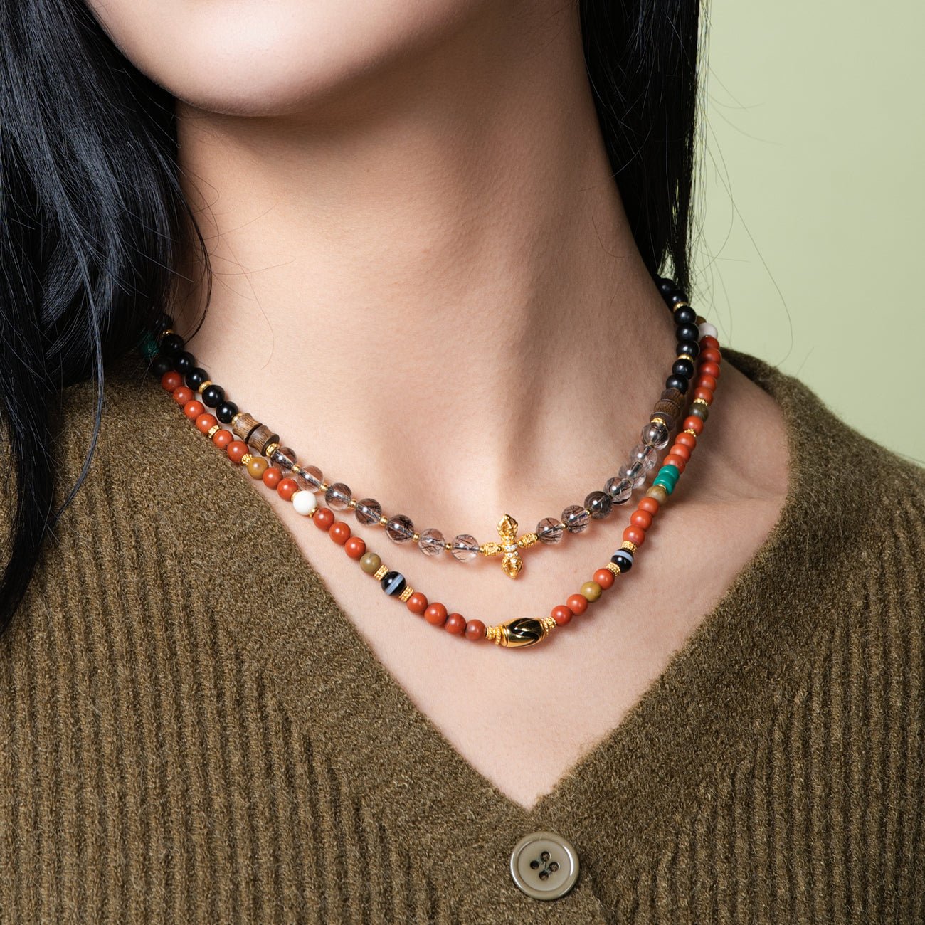 Black Tourmaline, Crystal and Agarwood Vajra Collar Necklace