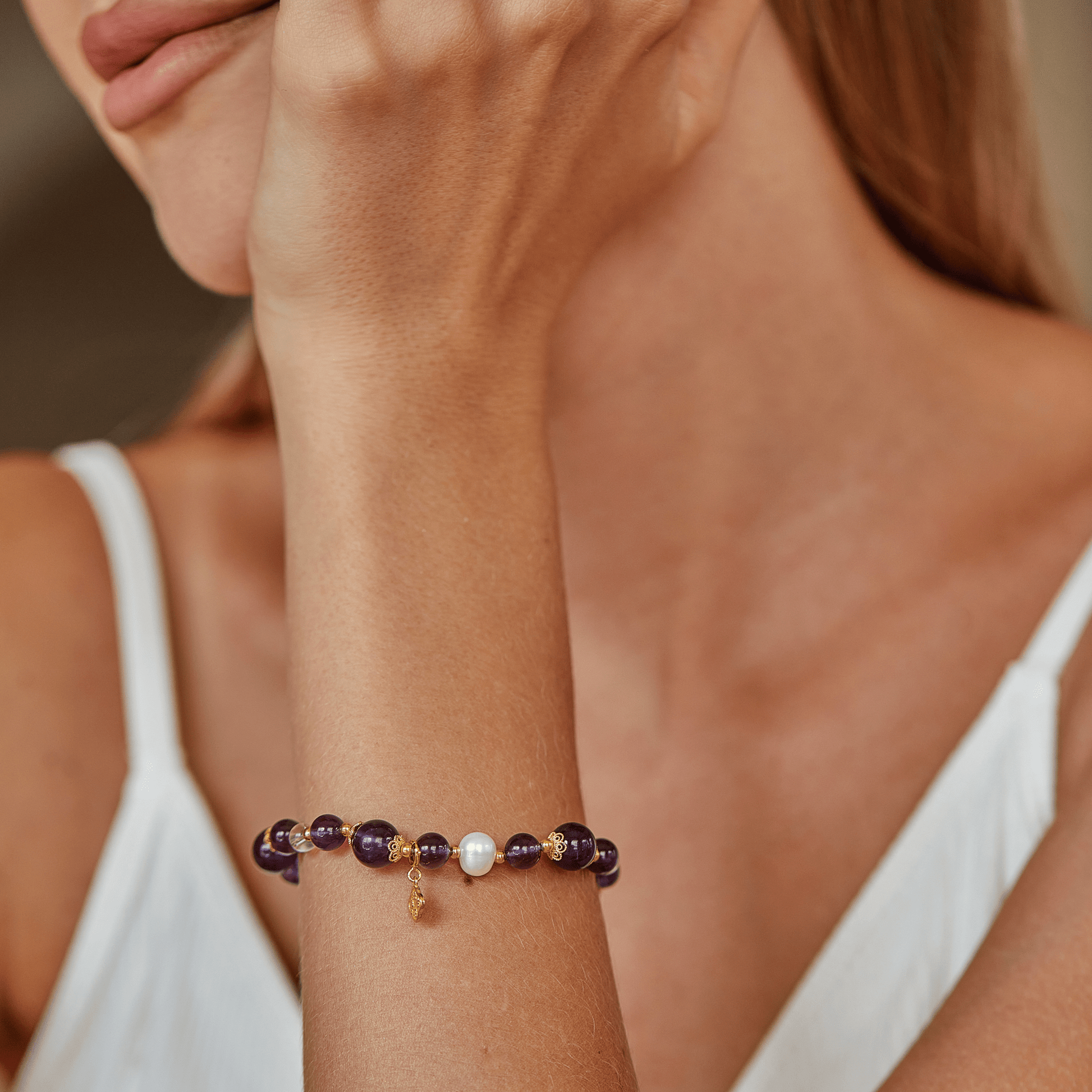 Lunar Calm – Amethyst, Quartz & Pearl Beaded Bracelet - Bracelets - ZODORI